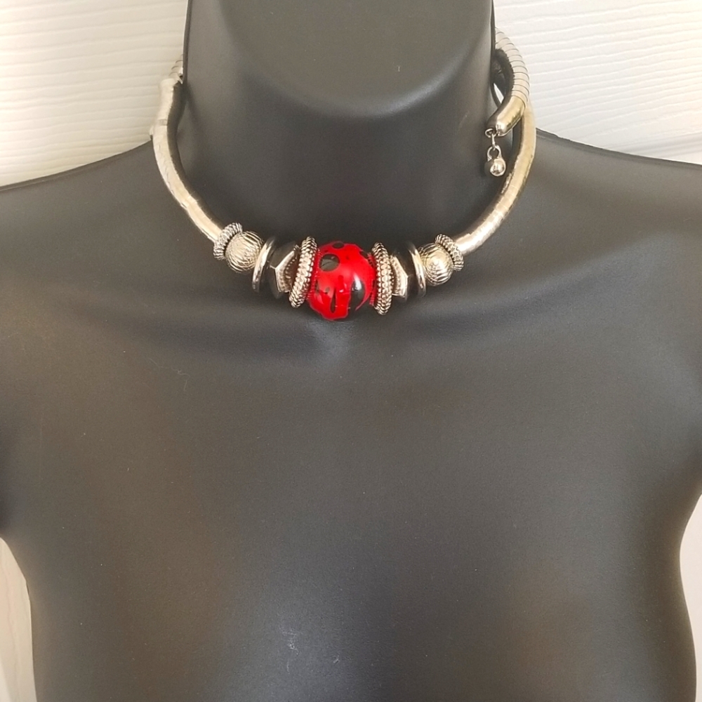Abstact Red Stretch Coil Wrap Necklace